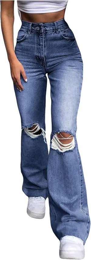 Baggy Jeans, Women's Boyfriend Jeans with Destructed Blown Knee and Rolled Cuff