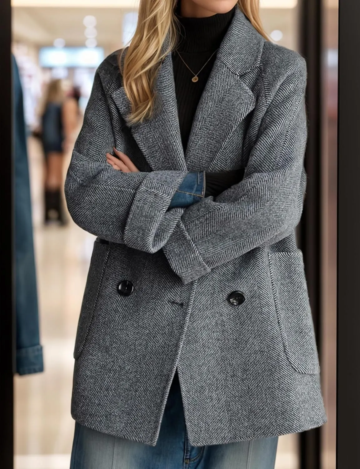 Bankeng Women's Winter Wool Blend Coat Notch Lapel Double Breasted Peacoat Loose Warm Coat Mid-Long Outerwear