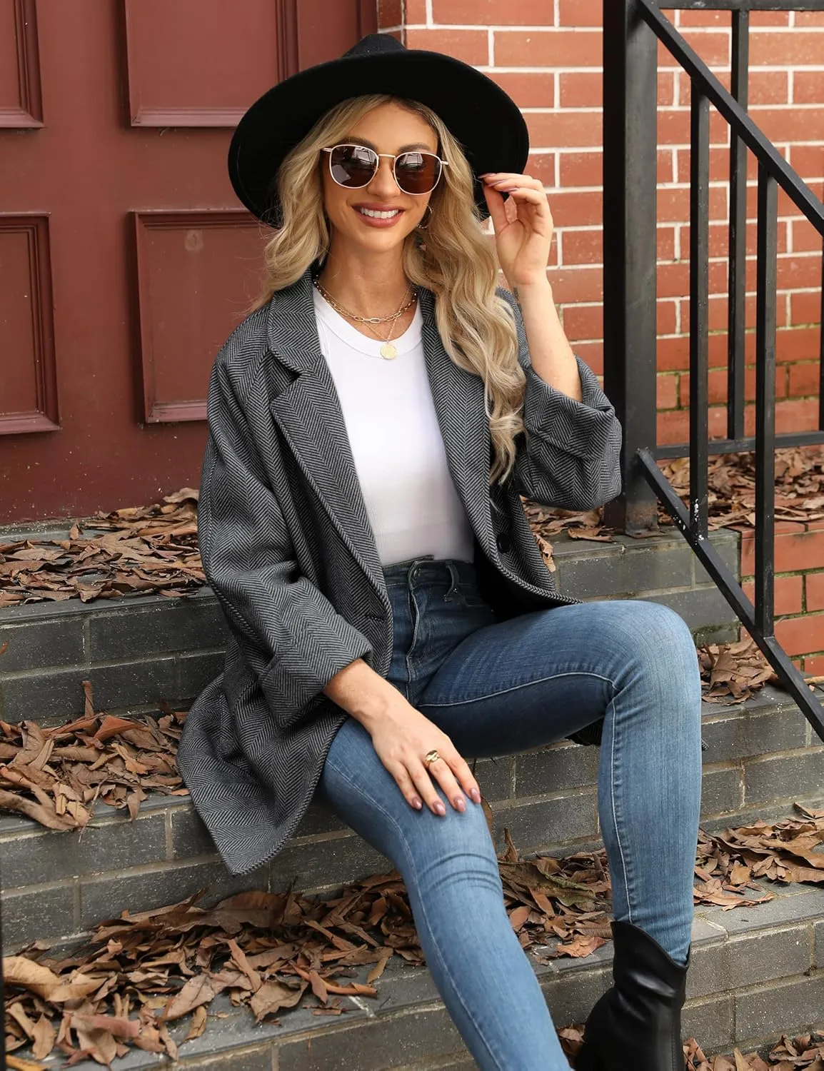 Bankeng Women's Winter Wool Blend Coat Notch Lapel Double Breasted Peacoat Loose Warm Coat Mid-Long Outerwear