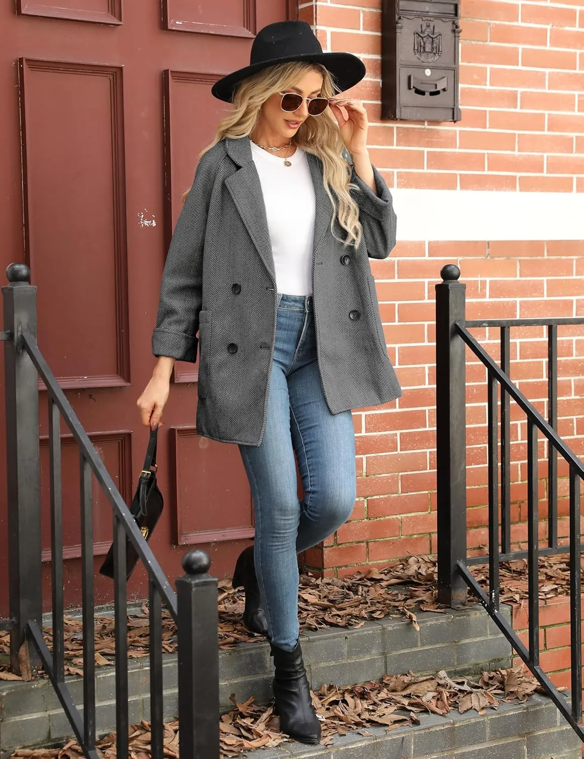 Bankeng Women's Winter Wool Blend Coat Notch Lapel Double Breasted Peacoat Loose Warm Coat Mid-Long Outerwear