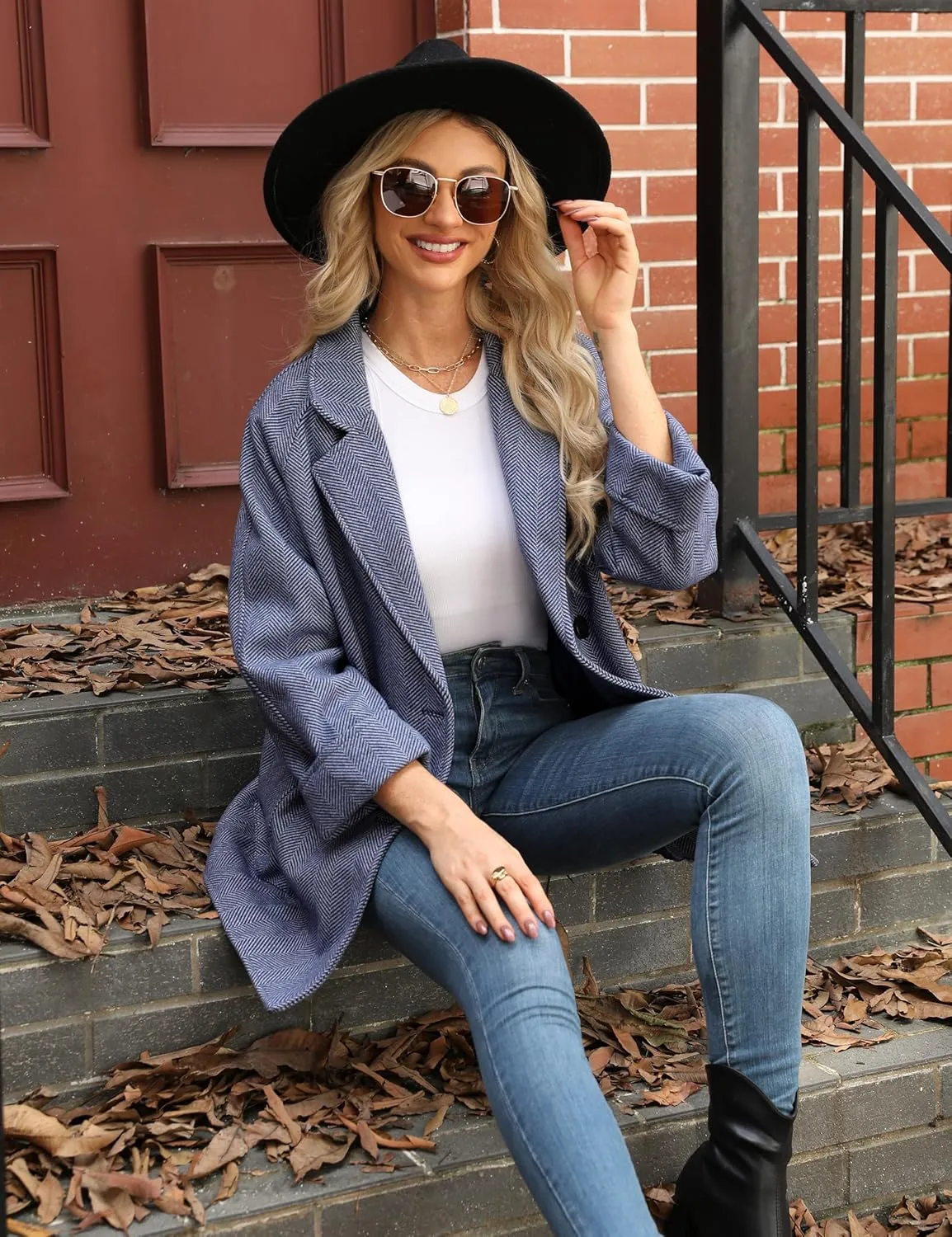 Bankeng Women's Winter Wool Blend Coat Notch Lapel Double Breasted Peacoat Loose Warm Coat Mid-Long Outerwear