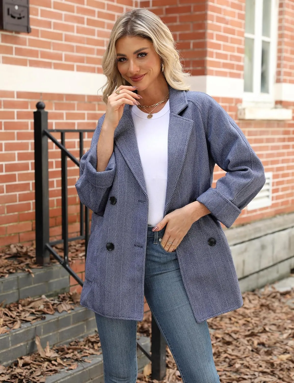 Bankeng Women's Winter Wool Blend Coat Notch Lapel Double Breasted Peacoat Loose Warm Coat Mid-Long Outerwear