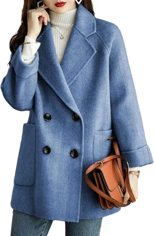 Bankeng Women's Winter Wool Blend Coat Notch Lapel Double Breasted Peacoat Loose Warm Coat Mid-Long Outerwear