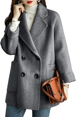 Bankeng Women's Winter Wool Blend Coat Notch Lapel Double Breasted Peacoat Loose Warm Coat Mid-Long Outerwear