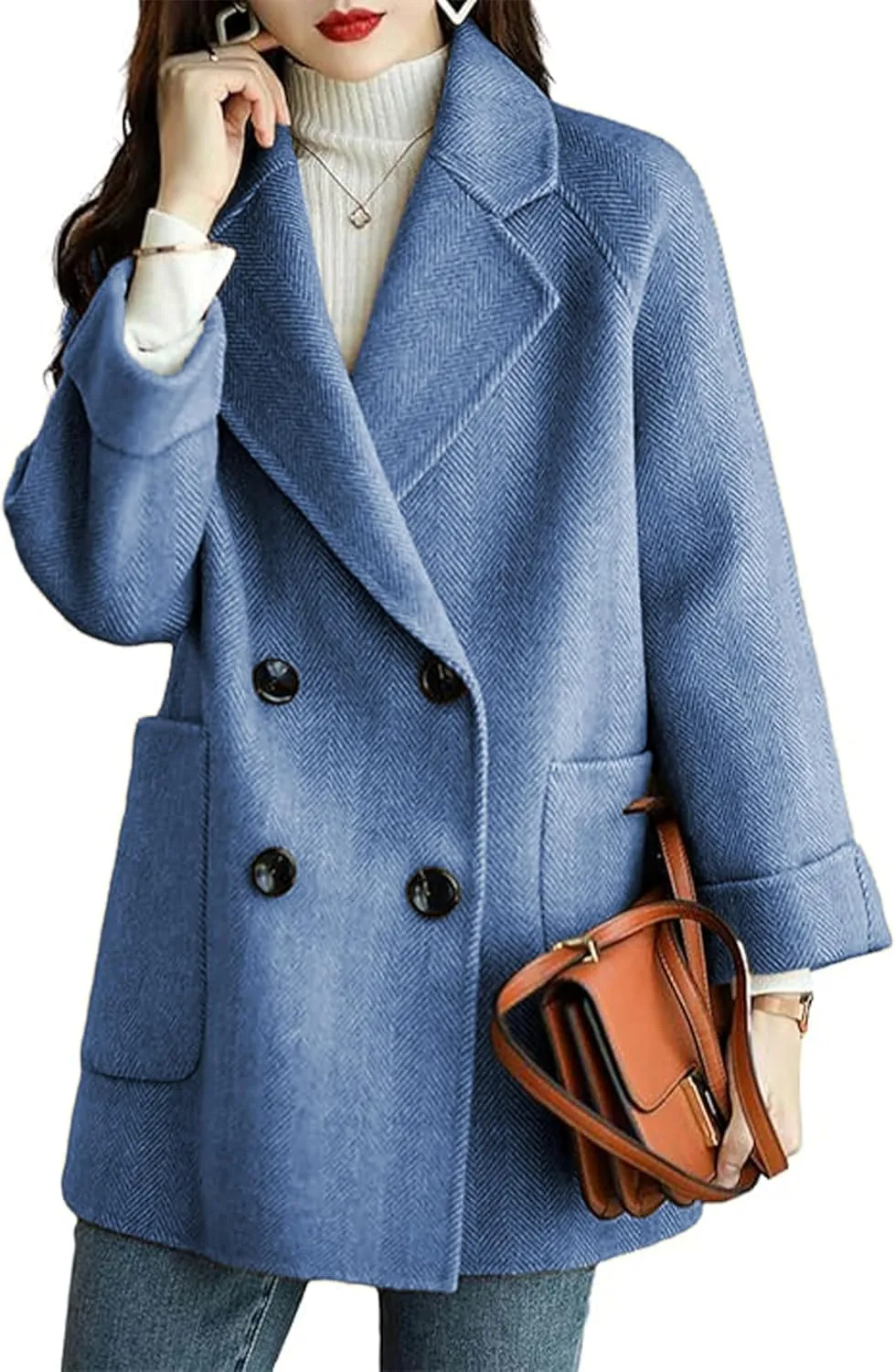 Bankeng Women's Winter Wool Blend Coat Notch Lapel Double Breasted Peacoat Loose Warm Coat Mid-Long Outerwear