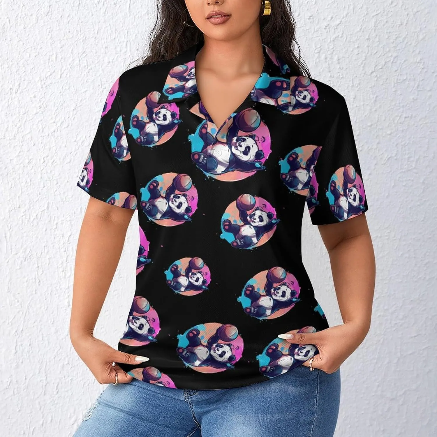 Basketball Panda Slam Dunk Womens Polo Shirts Short Sleeve Golf Shirts Casual Tennis Shirts for Work Business