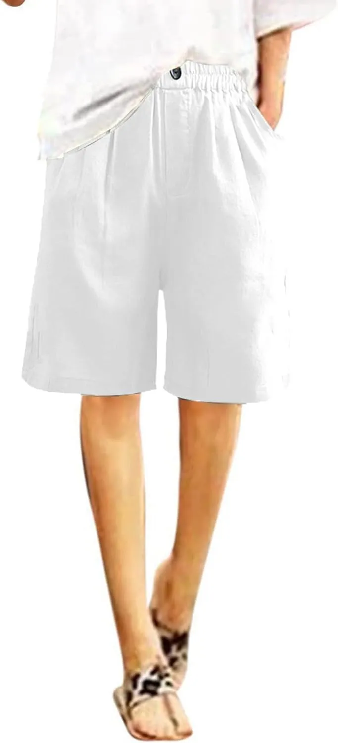 Bermuda Shorts for Womens Knee Length Cotton Linen Capris Lightweight Summer Straight Leg Beach Travel Shorts W Pocket