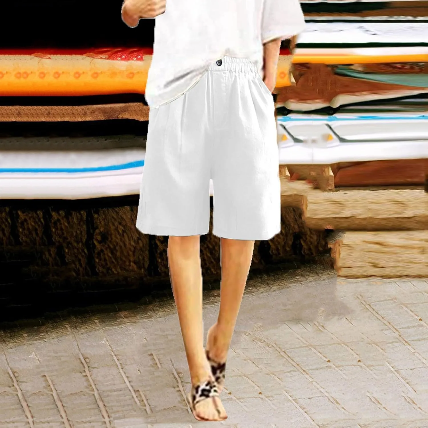 Bermuda Shorts for Womens Knee Length Cotton Linen Capris Lightweight Summer Straight Leg Beach Travel Shorts W Pocket