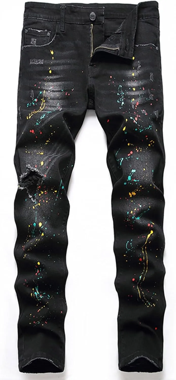 Bidobibo Jeans for Men Straight Fit Destroyed Distressed Taper Zipper Pants with Holesblack Men's Ripped Stretch Skinny Jeans