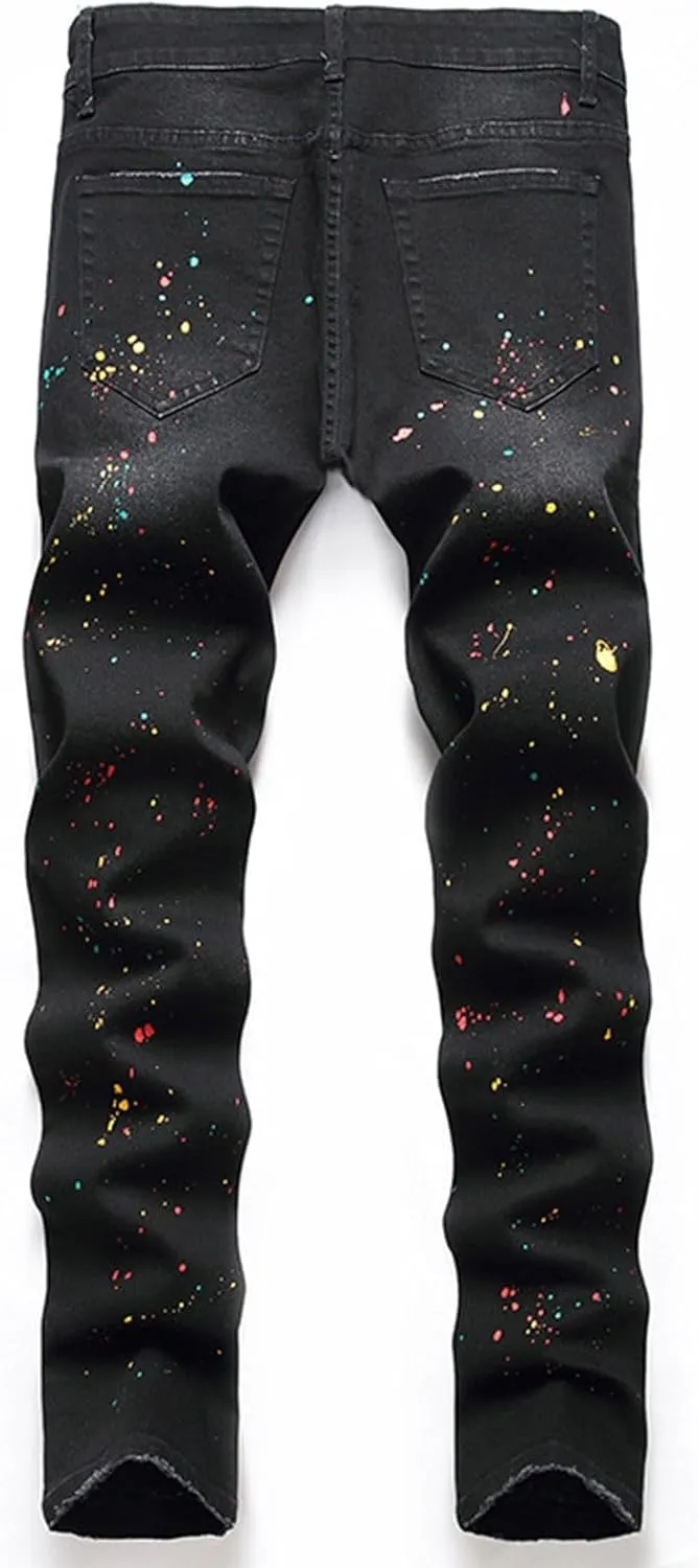 Bidobibo Jeans for Men Straight Fit Destroyed Distressed Taper Zipper Pants with Holesblack Men's Ripped Stretch Skinny Jeans