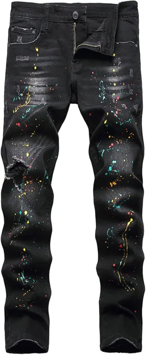 Bidobibo Jeans for Men Straight Fit Destroyed Distressed Taper Zipper Pants with Holesblack Men's Ripped Stretch Skinny Jeans