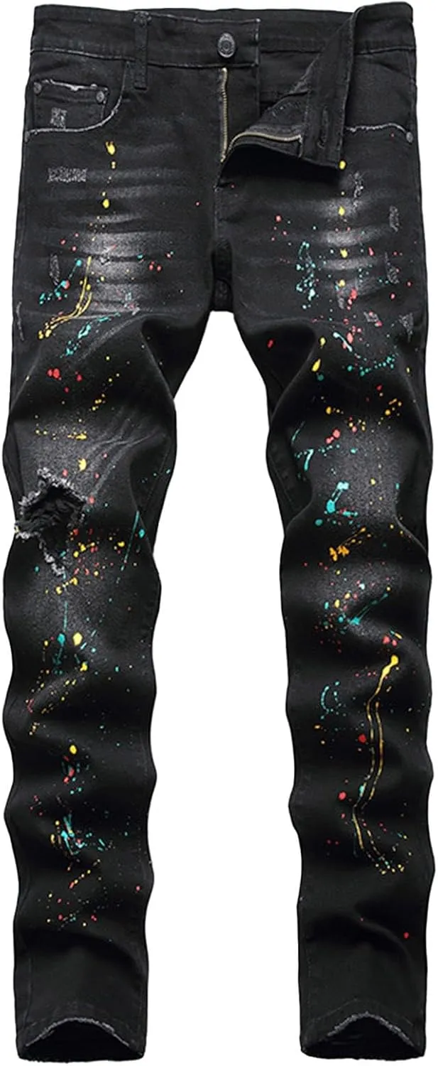 Bidobibo Jeans for Men Straight Fit Destroyed Distressed Taper Zipper Pants with Holesblack Men's Ripped Stretch Skinny Jeans