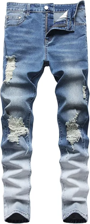 Bidobibo Jeans for Men Straight Fit Destroyed Distressed Taper Zipper Pants with Holesblack Men's Ripped Stretch Skinny Jeans