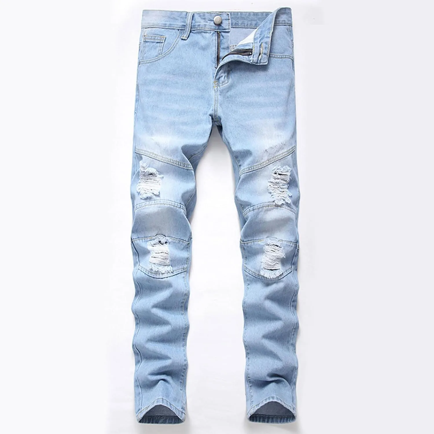 Bidobibo Jeans for Men Straight Fit Destroyed Distressed Taper Zipper Pants with Holesblack Men's Ripped Stretch Skinny Jeans