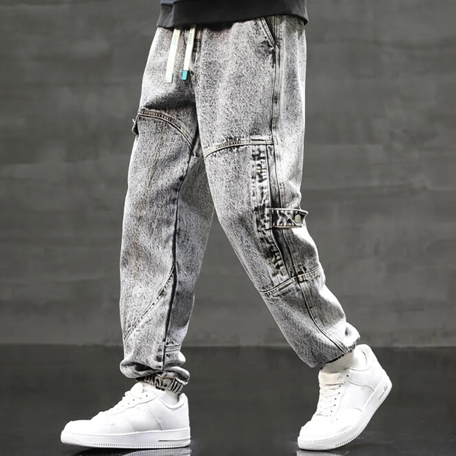 Black Jeans for Men Relaxed Fit Distressed Splicing Tapered Jogging Pants Trousers Sweatpants Mens Jeans