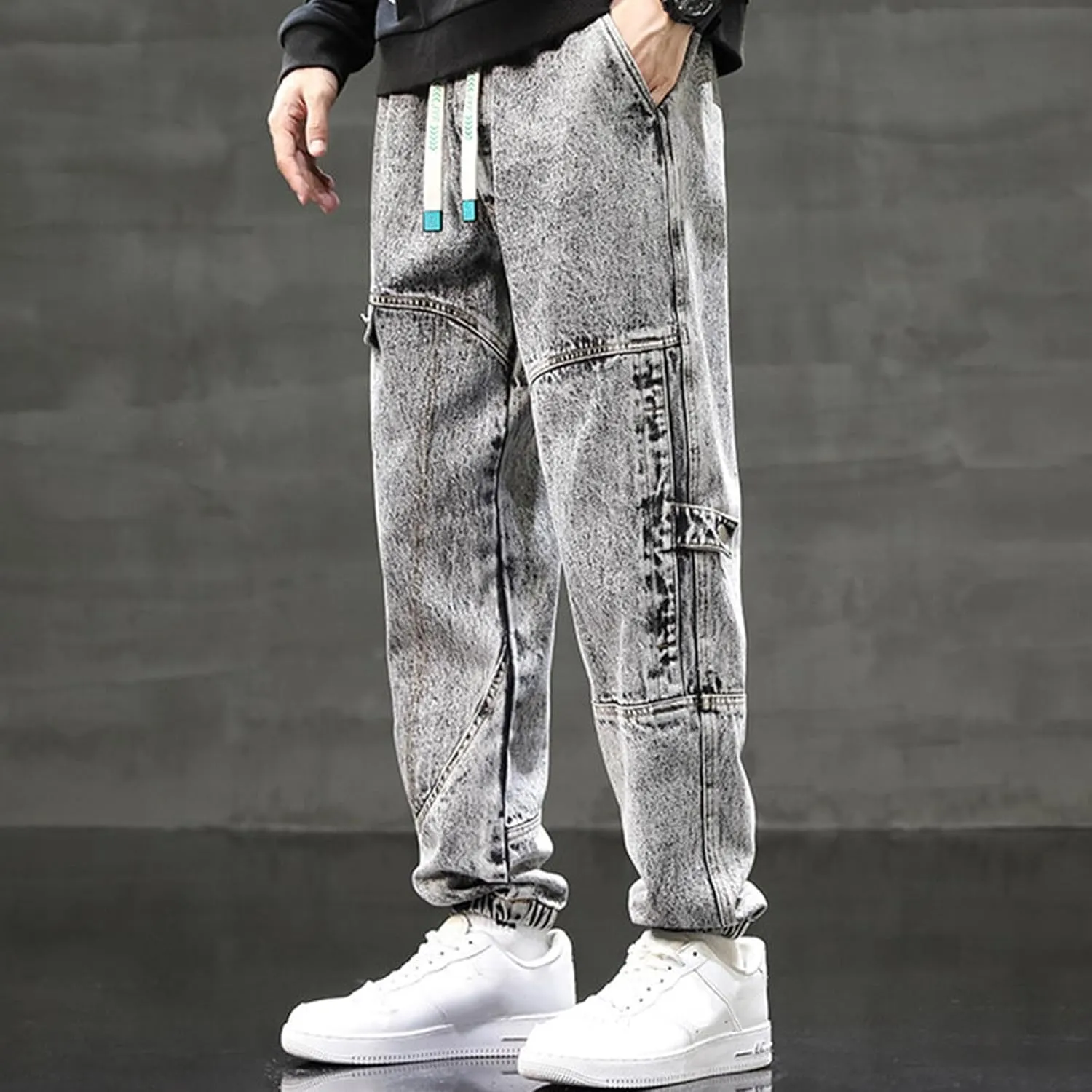 Black Jeans for Men Relaxed Fit Distressed Splicing Tapered Jogging Pants Trousers Sweatpants Mens Jeans
