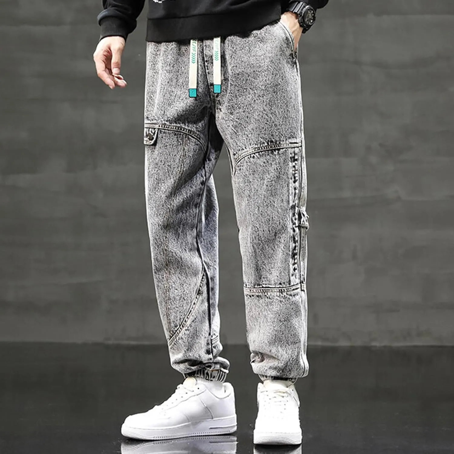 Black Jeans for Men Relaxed Fit Distressed Splicing Tapered Jogging Pants Trousers Sweatpants Mens Jeans