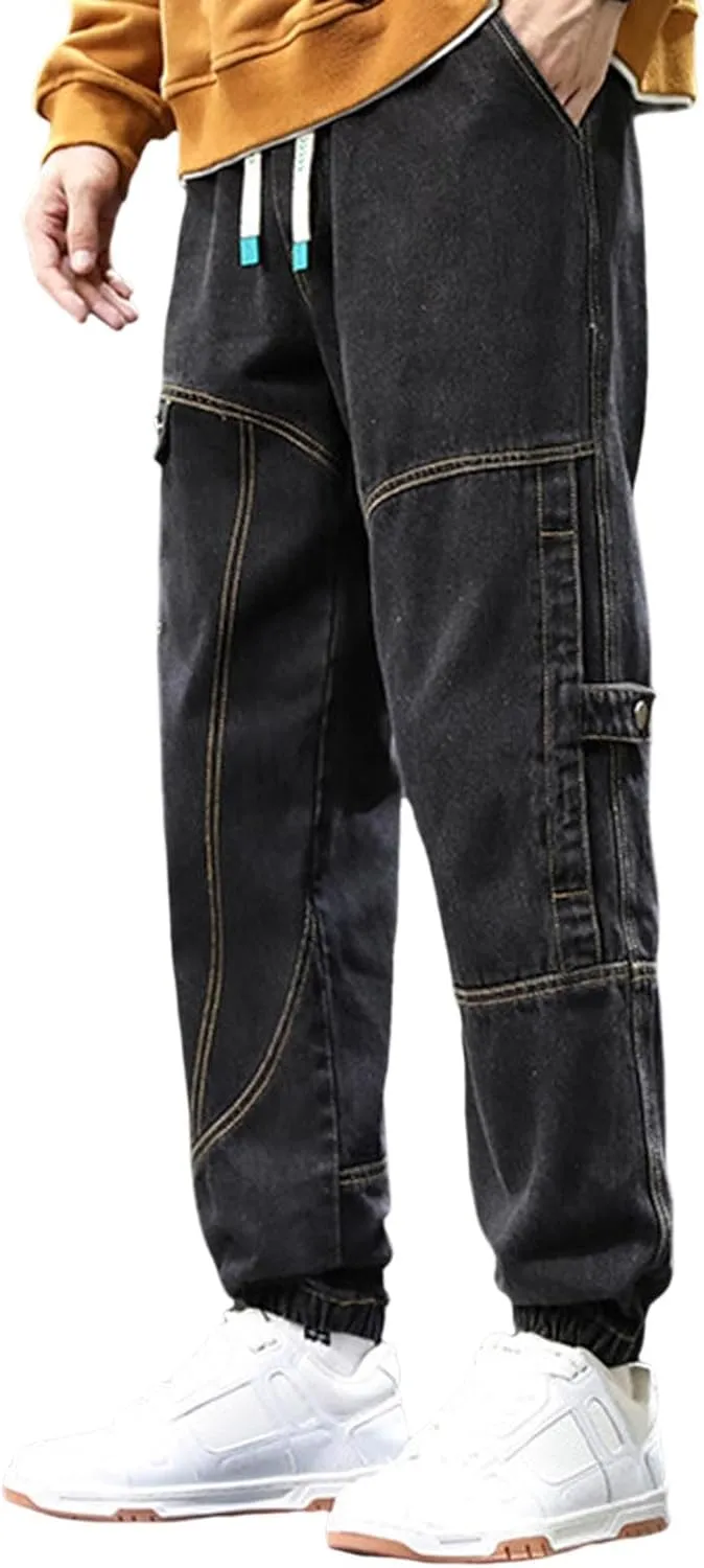 Black Jeans for Men Relaxed Fit Distressed Splicing Tapered Jogging Pants Trousers Sweatpants Mens Jeans