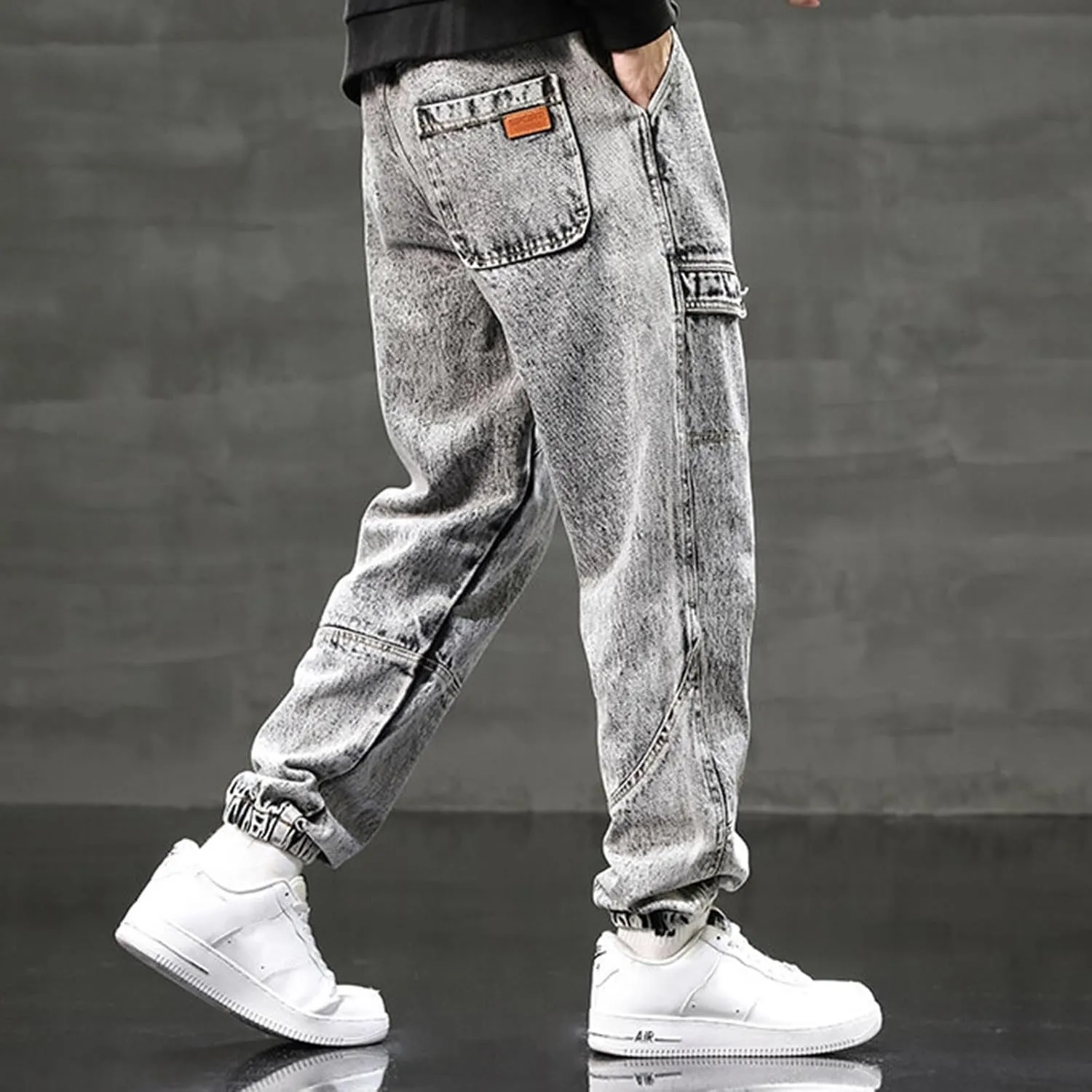 Black Jeans for Men Relaxed Fit Distressed Splicing Tapered Jogging Pants Trousers Sweatpants Mens Jeans