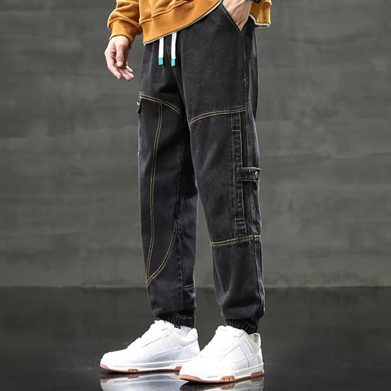 Black Jeans for Men Relaxed Fit Distressed Splicing Tapered Jogging Pants Trousers Sweatpants Mens Jeans