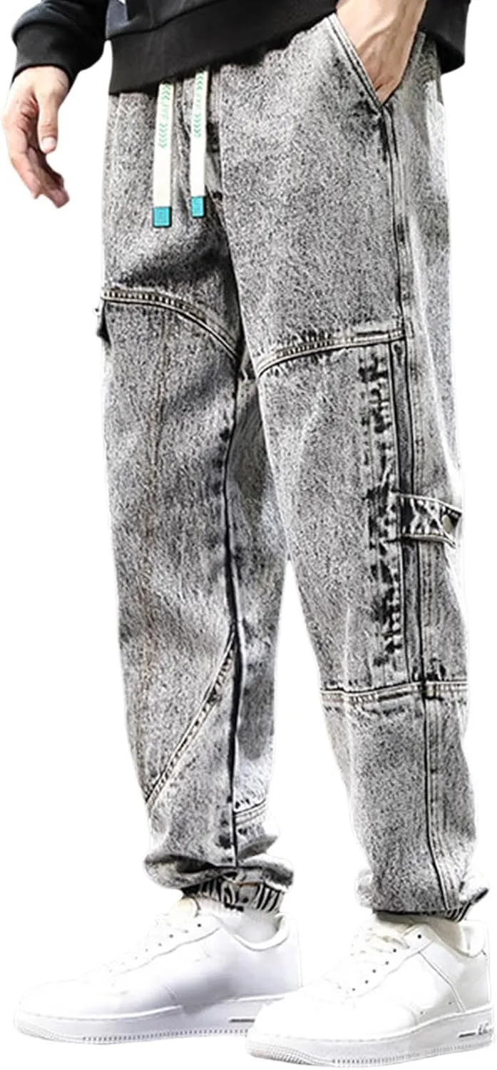 Black Jeans for Men Relaxed Fit Distressed Splicing Tapered Jogging Pants Trousers Sweatpants Mens Jeans