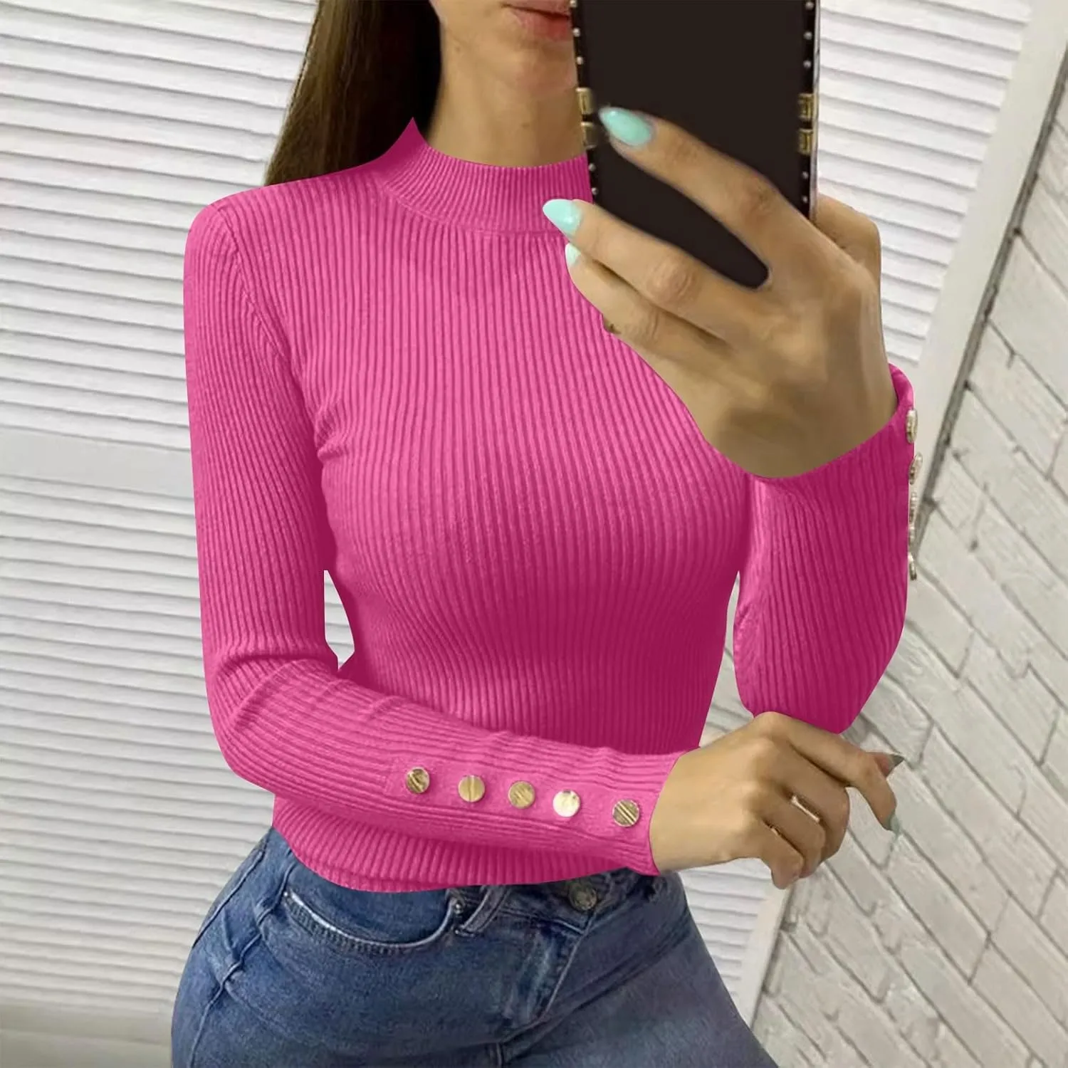 Blouse Women Long Sleeve Turtle Neck Ribbed Knit Sweaters Winter Button Work Shirts Office Fall Soft Office Clothes