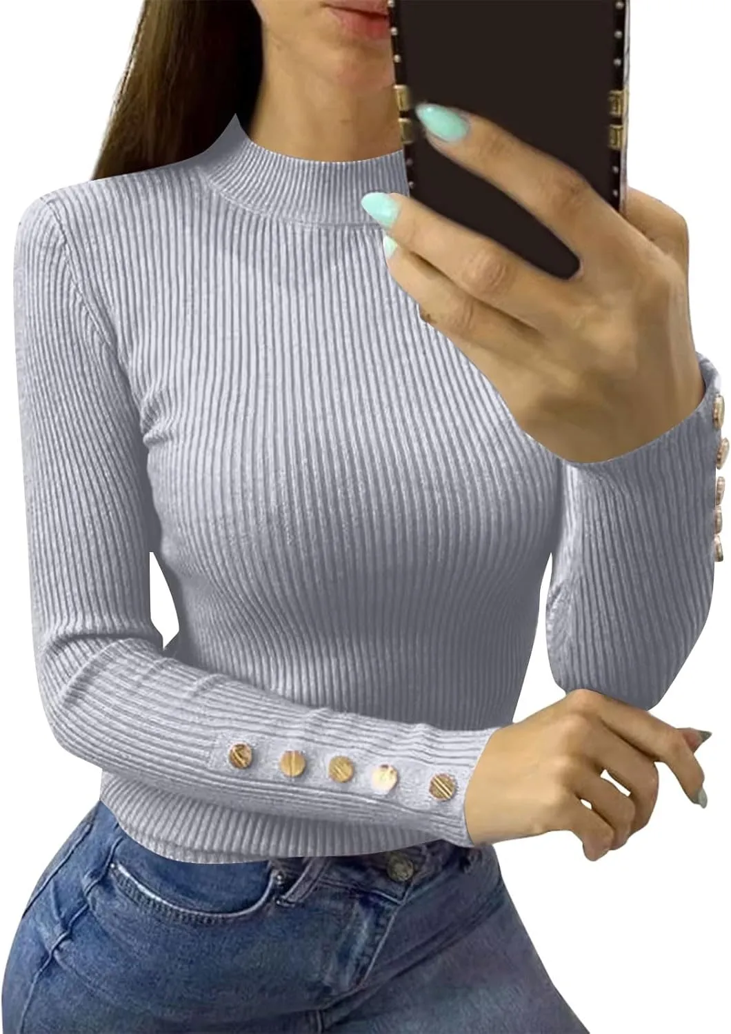 Blouse Women Long Sleeve Turtle Neck Ribbed Knit Sweaters Winter Button Work Shirts Office Fall Soft Office Clothes
