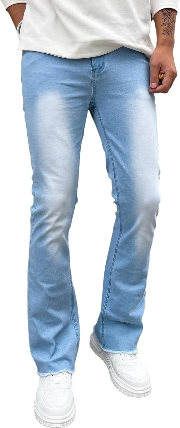 Bootcut Jeans for Men Mid Rise Stretch Fit Wide Leg Denim Pants Classic Wash Flared Jeans