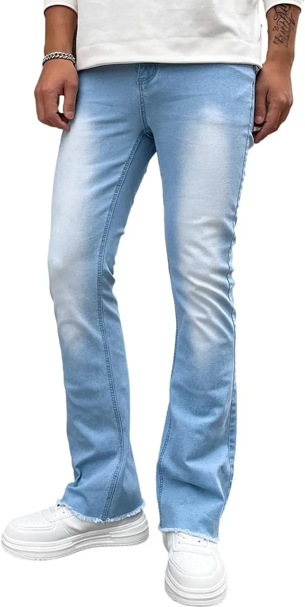Bootcut Jeans for Men Mid Rise Stretch Fit Wide Leg Denim Pants Classic Wash Flared Jeans