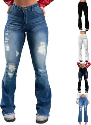 Bootcut Jeans for Women Stretchy High Waisted Raw Hem Ripped Jeans Distressed Butt Lifting Denim Flare Leggings