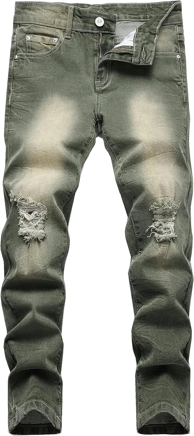 Boy's Skinny Fit Ripped Destroyed Distressed Stretch Slim Jeans Pants