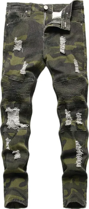 Boy's Stylish Moto Biker Skinny Ripped Wrinkled Stretch Fit Denim Jeans