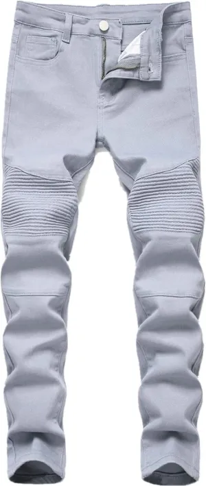 Boy's Stylish Moto Biker Skinny Ripped Wrinkled Stretch Fit Denim Jeans