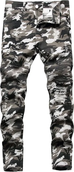 Boy's Stylish Moto Biker Skinny Ripped Wrinkled Stretch Fit Denim Jeans