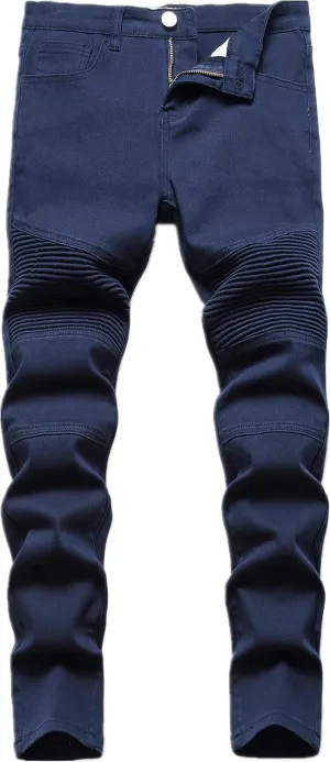 Boy's Stylish Moto Biker Skinny Ripped Wrinkled Stretch Fit Denim Jeans