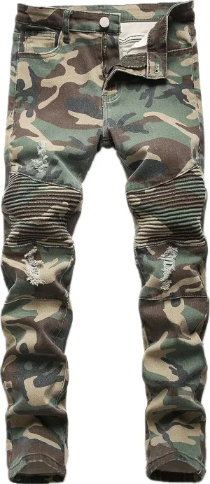 Boy's Stylish Moto Biker Skinny Ripped Wrinkled Stretch Fit Denim Jeans