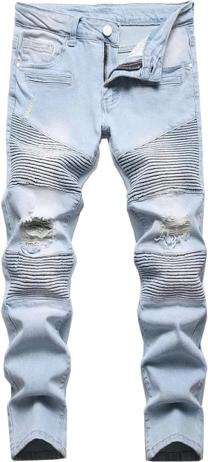 Boy's Stylish Moto Biker Skinny Ripped Wrinkled Stretch Fit Denim Jeans
