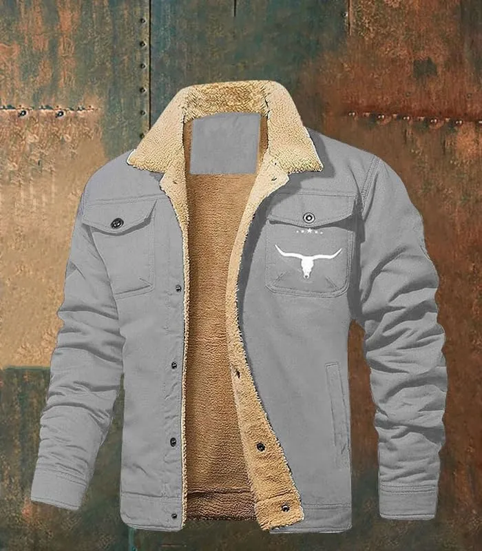 Bullhorn Mens Fleece Jacket, Western Cowboy Jacket Retro Western Jacket, Fleece-Lined Cotton Casual Jacket