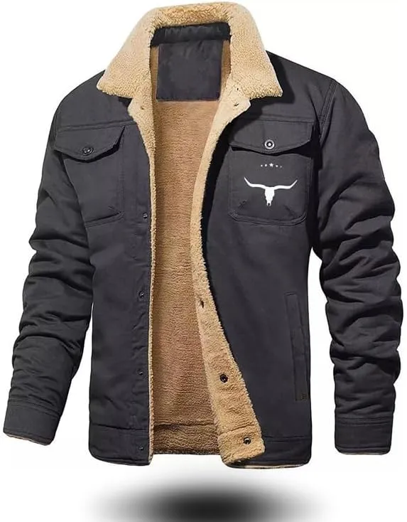 Bullhorn Mens Fleece Jacket, Western Cowboy Jacket Retro Western Jacket, Fleece-Lined Cotton Casual Jacket