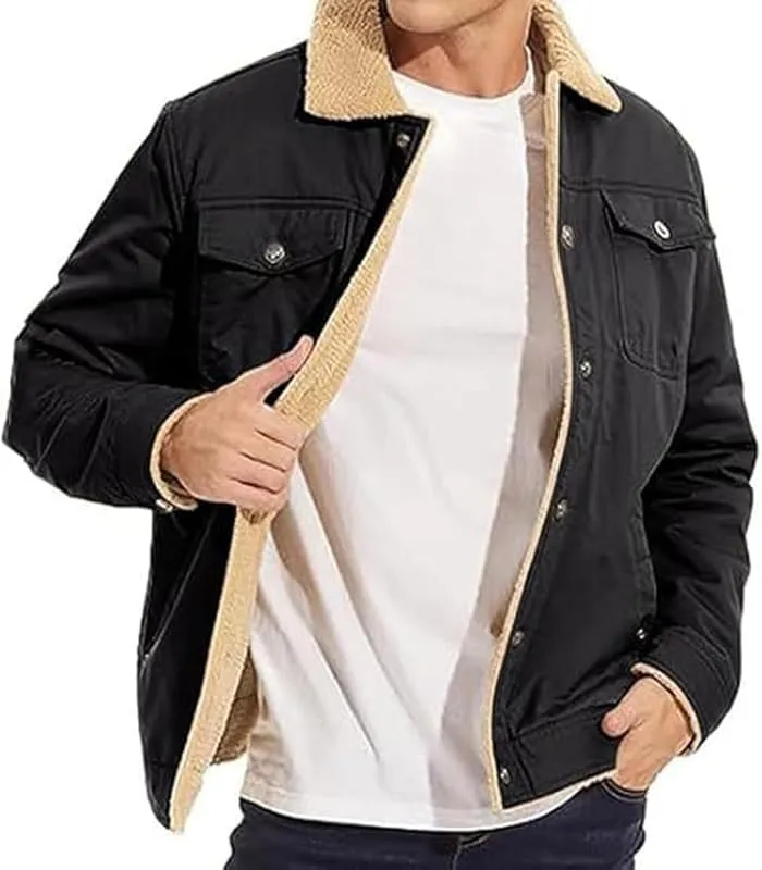 Bullhorn Mens Fleece Jacket, Western Cowboy Jacket Retro Western Jacket, Fleece-Lined Cotton Casual Jacket