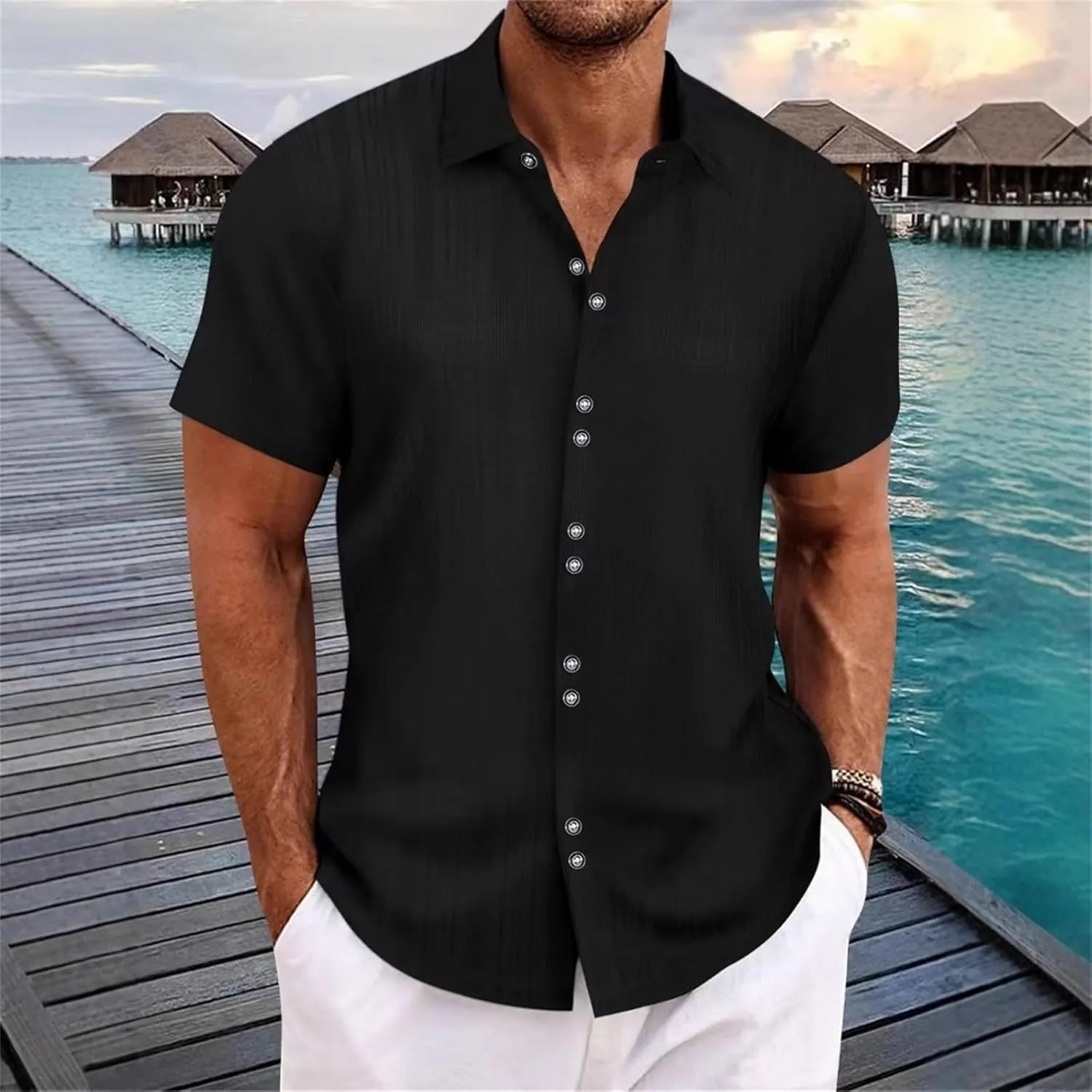 Button Down Mens Shirts Short Sleeve Collared Casual Dressy Tee Shirt Summer Beach Blouse Vacation Wedding T-Shirts