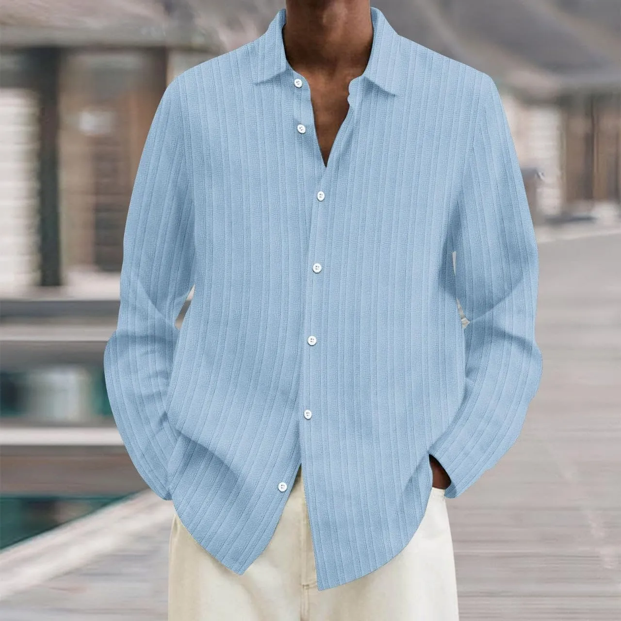 Button Down Shirt Men Long Seeve Lapel Loose Cotton Stripe Cardigan Shirt