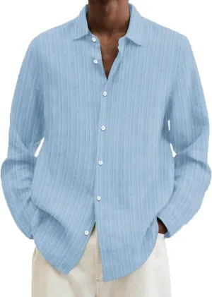 Button Down Shirt Men Long Seeve Lapel Loose Cotton Stripe Cardigan Shirt