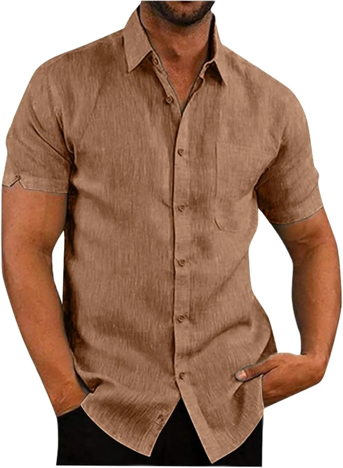 Button Down Shirts for Men Short Sleeve Cotton Lined Hawaiian T-Shirts Summer Lapel Collared Beach Shirts Solid Tops