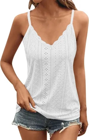Camisole for Women Lace Trim V Neck Spaghetti Strap Tank Tops Dressy Casual Hollow Out Eyelet Sleeveless Blouse Shirts