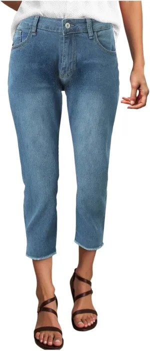 Capri Jeans for Women Stretch High Waisted Distressed Denim Capris Light Wash Ripped Skinny Cropped Jeans Streetwear