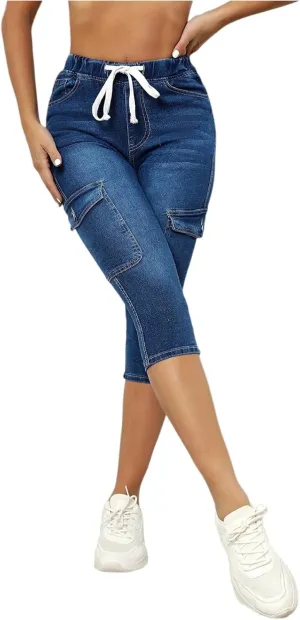 Capri Jeans for Women Stretch High Waisted Drawstring Jeans Cargo Capris Stretchy Tummy Control Jeggings with Pockets