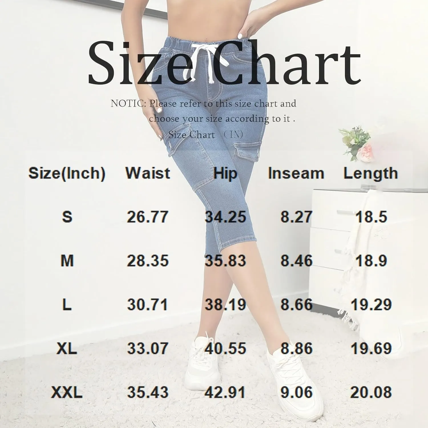 Capri Jeans for Women Stretch High Waisted Drawstring Jeans Cargo Capris Stretchy Tummy Control Jeggings with Pockets