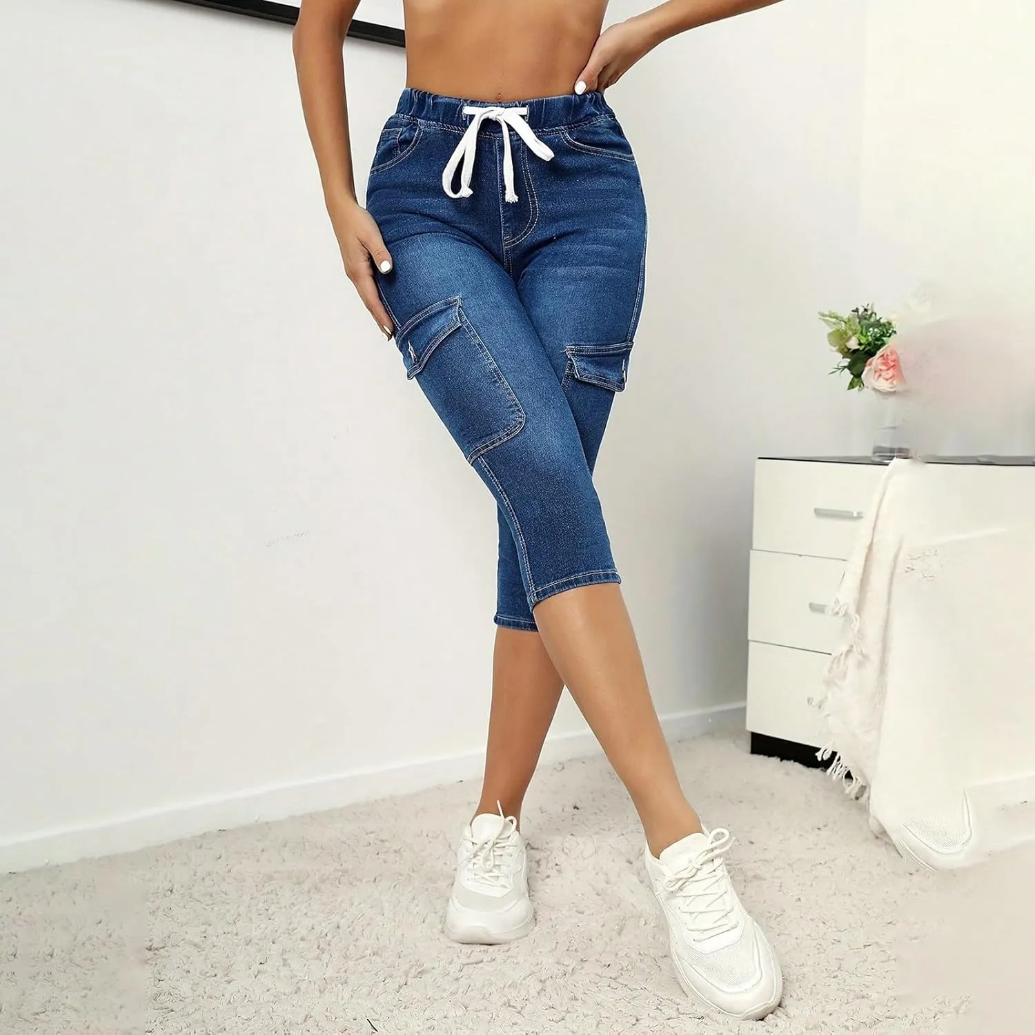 Capri Jeans for Women Stretch High Waisted Drawstring Jeans Cargo Capris Stretchy Tummy Control Jeggings with Pockets