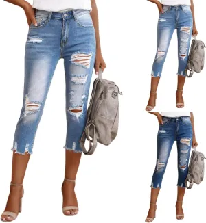 Capri Jeans for Women Stretch High Waisted Ripped Cropped Skinny Jeans Light Wash Distressed Denim Capris Streetwear